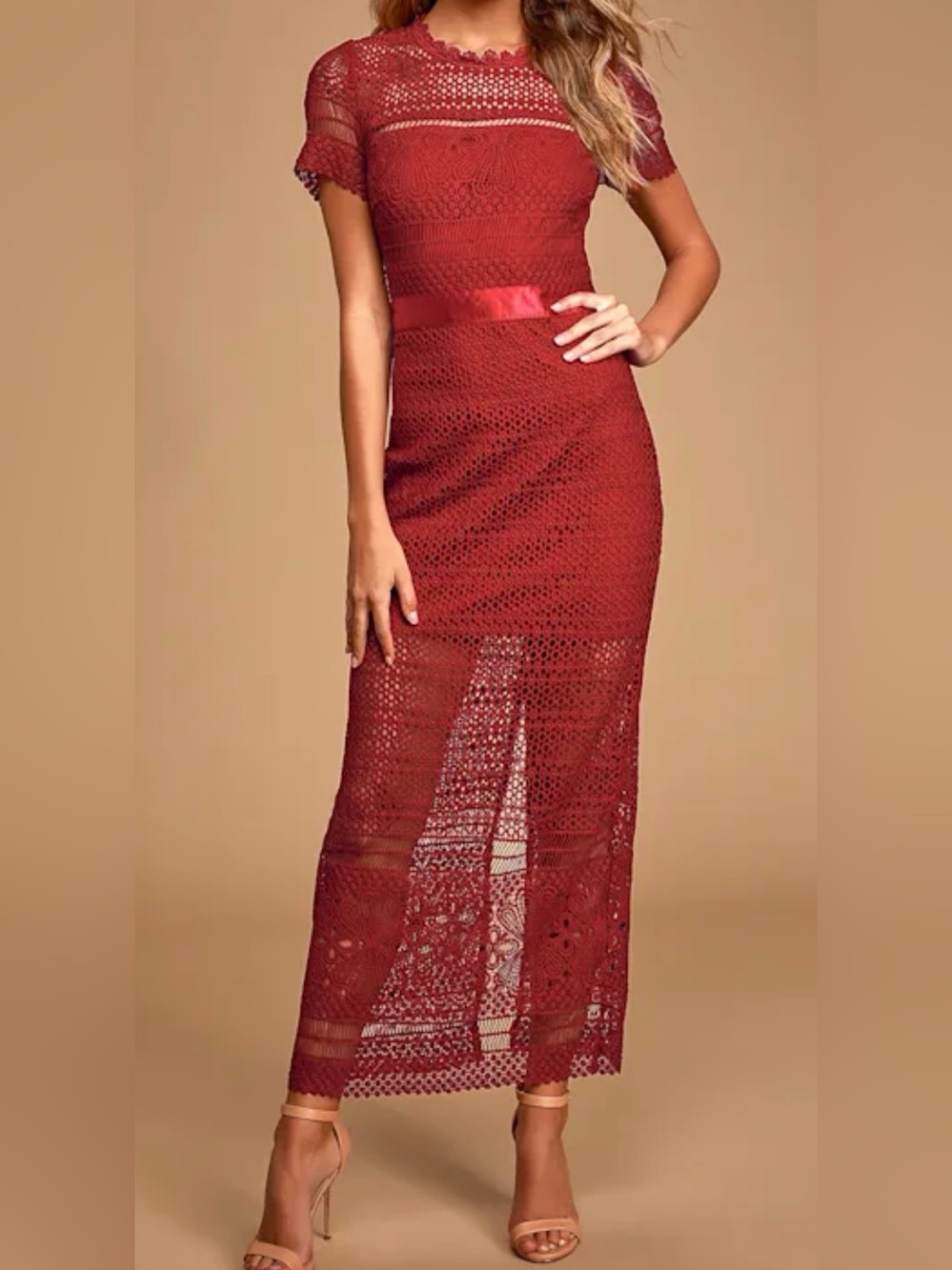 Burgundy Crochet Lace Short Sleeve Maxi Dress